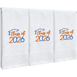 MASHAN Class of 2026 Graduation Hand Towels 3 Pack,100% Cotton Soft Absorbent Bathroom Towels,Senior 2026 Graduation Gift for Girls Boys,Blue Orange Decorative Towels 14x30 Inch
