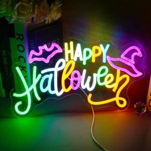 Happy Halloween Neon Sign Colorful LED Wall Decor with Bats & Witch Hat Design Neon Lights for Spooky Party, Home, Bar, or Window Decoration - Halloween Glow Light for October 31