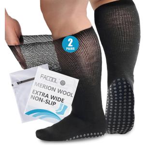 Facool 2 Pairs Merino Wool Diabetic Socks for Men & Women, Extra Wide Non-Binding Top & Non-Slip Grippers, Loose Fit Slipper Socks for Swollen Feet, Edema, Neuropathy & Bariatric, Black X-Large