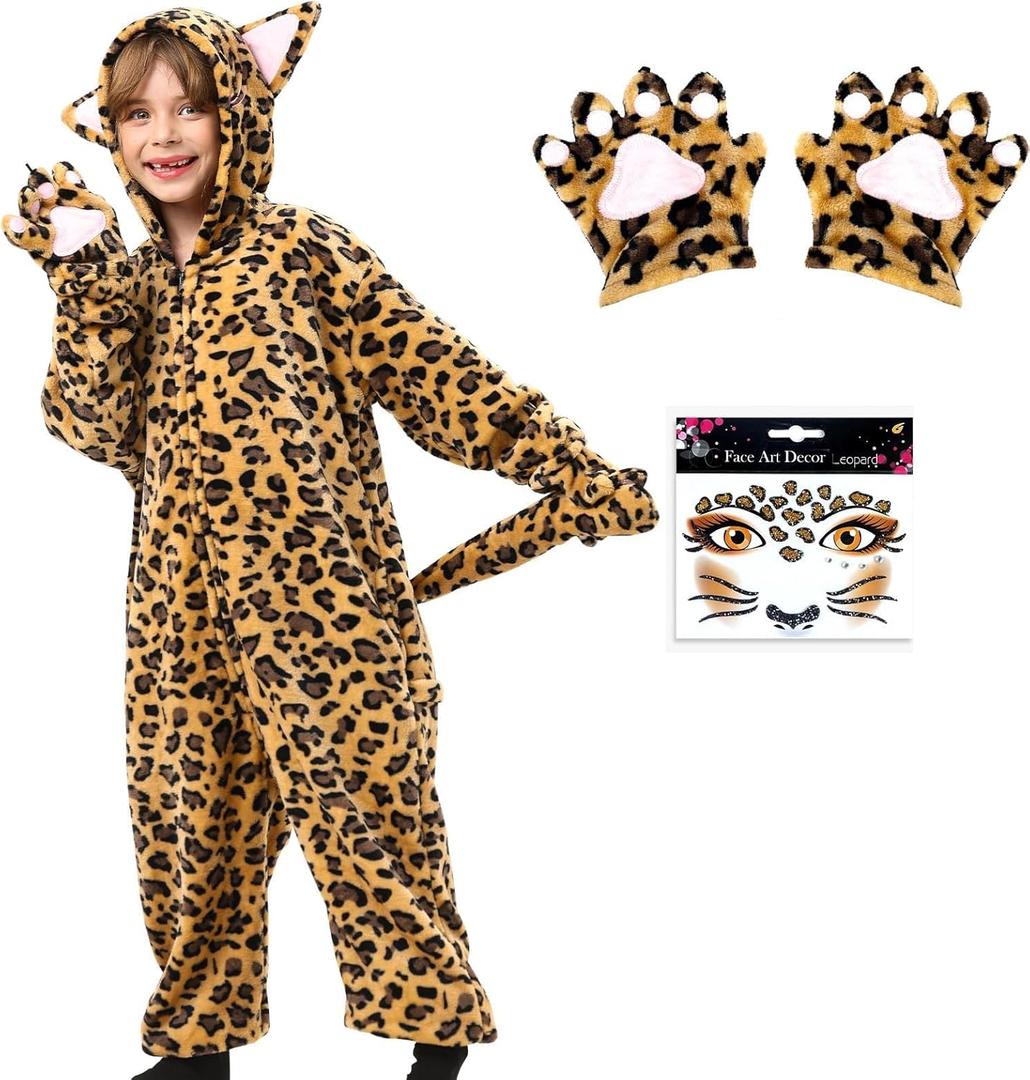 Leopard Costume for Kids, Flannel Cheetah Onesie with Hood & Claw Gloves, Face Stickers, Cat Costume for Girls & Boys (M(5-6y))