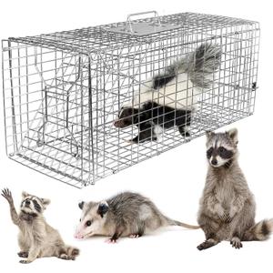 KOCASO Live Animal Trap Cage, Folding Large Humane Heavy Duty Catch Release Live Rodent Trap Collapsible Galvanized Wire for Raccoons Beavers Groundhogs Foxes Armadillos