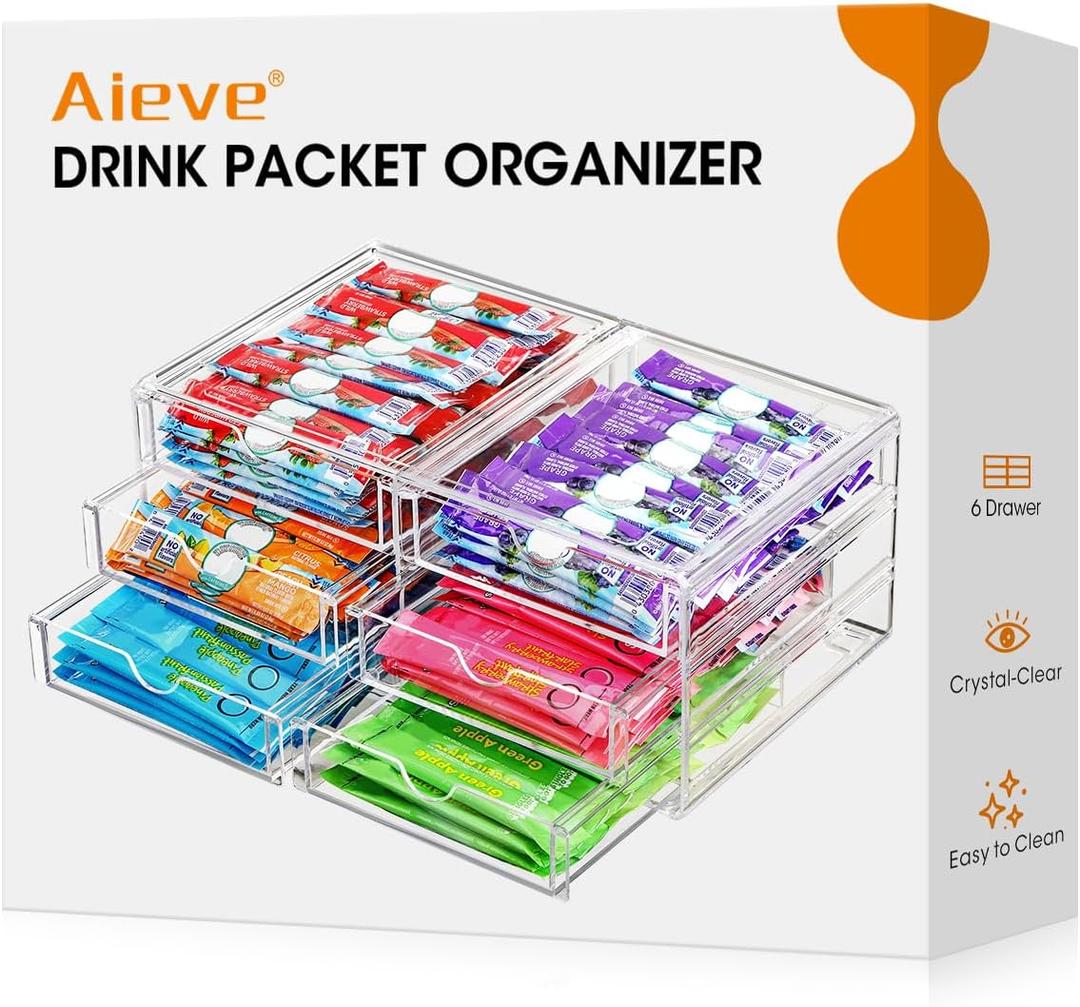 AIEVE Drink Packet Organizer, Stackable Storage Drawers for Tea Bag Organizer, Water Packet Holder with 6 Drawers Acrylic Bins for Kitchen Cabinets Pantry Office Organization
