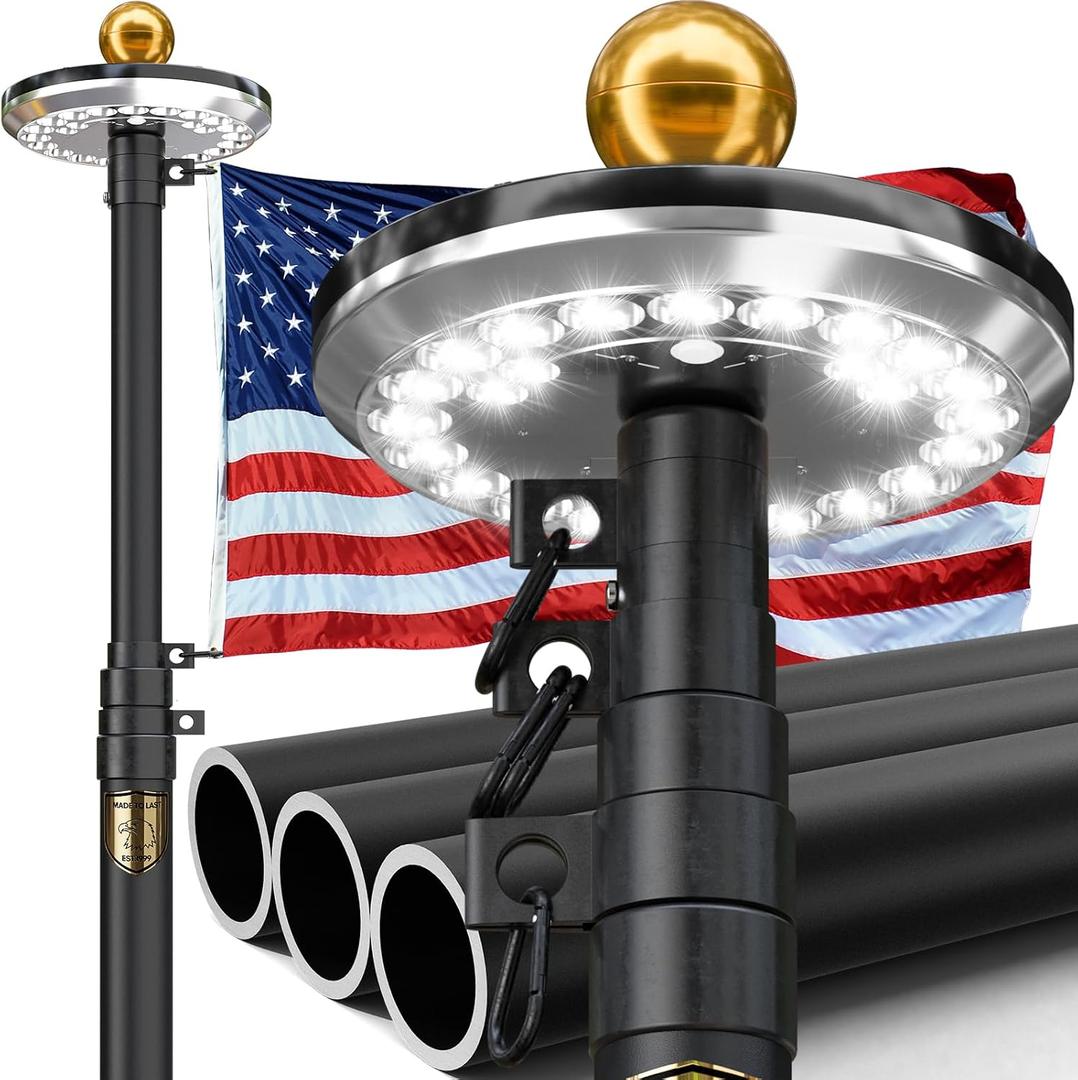 IIOPE 19FT Telescoping Heavy Duty Flag Pole with Solar Light,Extra Thick 11-Gauge Aluminum,True Glory Edition, Easy Setup for Outside Houseor Yard, with 3x5 USA Flag & All Hardware-120 MPH Wind Tested