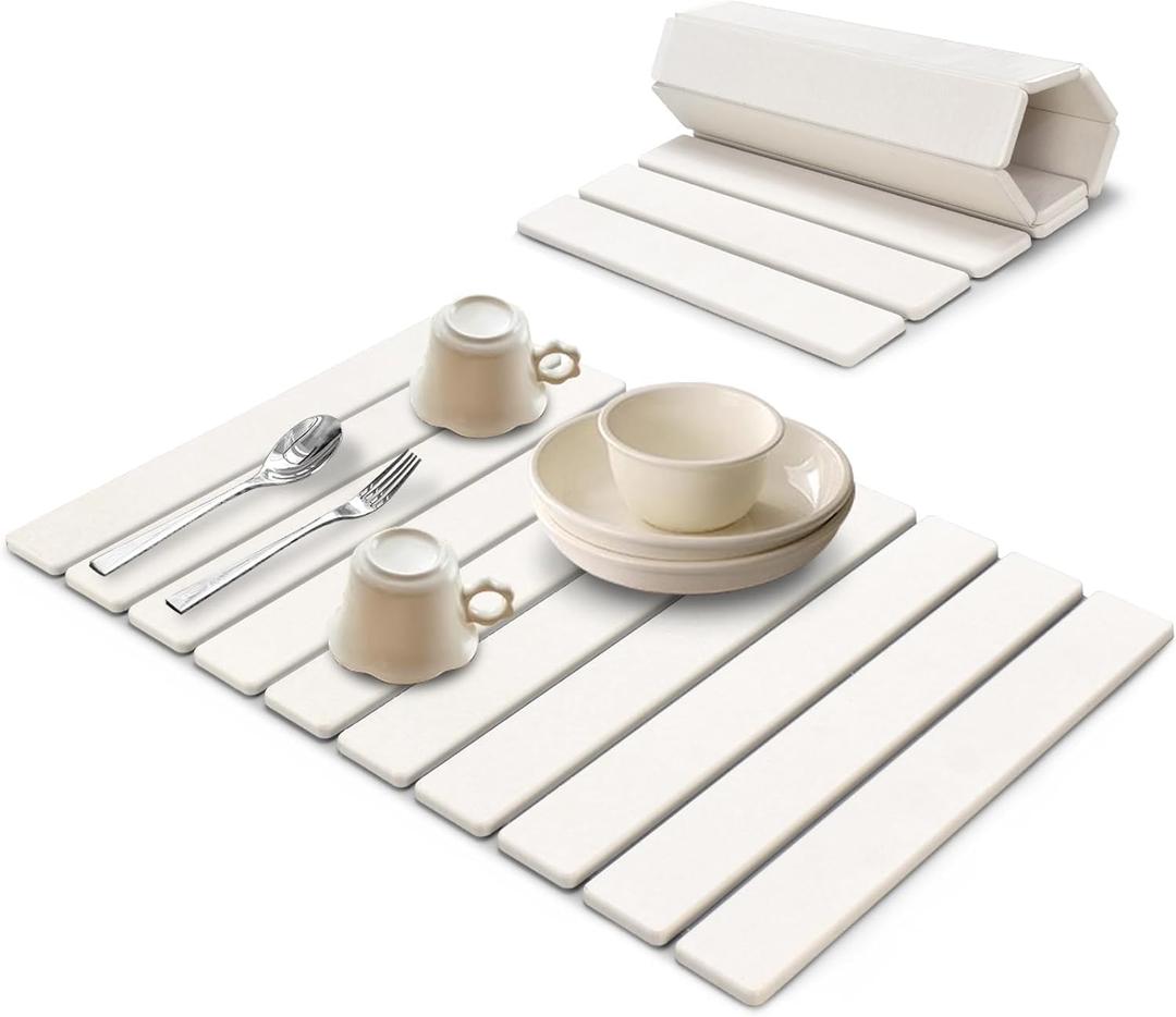Large Stone Dish Drying Mat for Kitchen Counter, 24"(L)16"(W), Collapsible Quick Drying Mat, Absorbent Eco-Friendly Diatomaceous Earth Mats for Dishes Bottles, Match Any Countertop - White