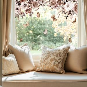Fall Floral Window Clings Fall Sticker for Glass Window Door Home Office Decor, Autumn Mocha Rose Butterfly