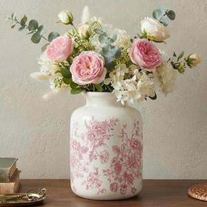 Floral Vintage Vase 7.8 Inch Retro Rustic Chinoiserie Floral Vase Ice Cracked Ceramic Large Holder for Home Decor Bookshelf Office Living Room Chinoiserie Decors(Pink)