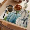 White Blue Pumpkin Floral Placemats Set of 6, Thanksgiving Cotton Linen Heat-Resistant Washable Table Mats Placemat for Holiday/Dining/Indoor/Outdoor/Party Table Decoration,
