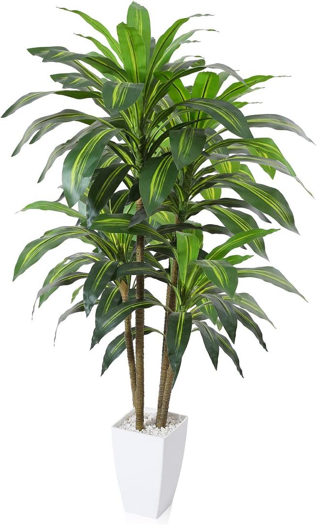 Artificial Plants,4FT Dracaena Tree Faux Plants with White Taper Planter,Tall Fake Plant for Indoor,Fake Tree for Home Decor Office Living Room Porch
