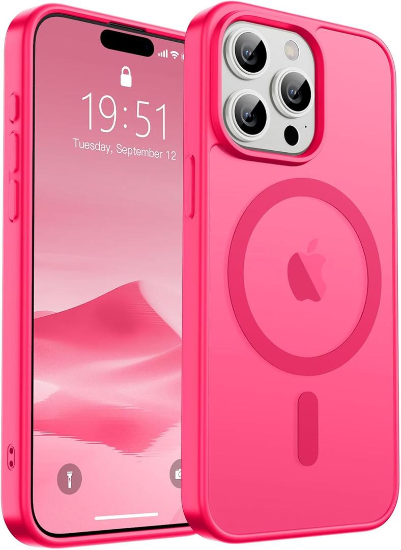 SUPFINE Magnetic for iPhone 15 Pro Max Case (Compatible with MagSafe) (Military Grade Drop Protection) Slim Translucent Matte Shockproof with Anti-Fingerprint Phone Case,Hot Pink