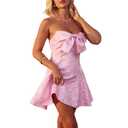 Amamcy Women's Sexy Strapless Bowknot Mini Dress Elegant Bow Flare Formal Dress Off Shoulder Wedding Dress for Women (Pink, S)