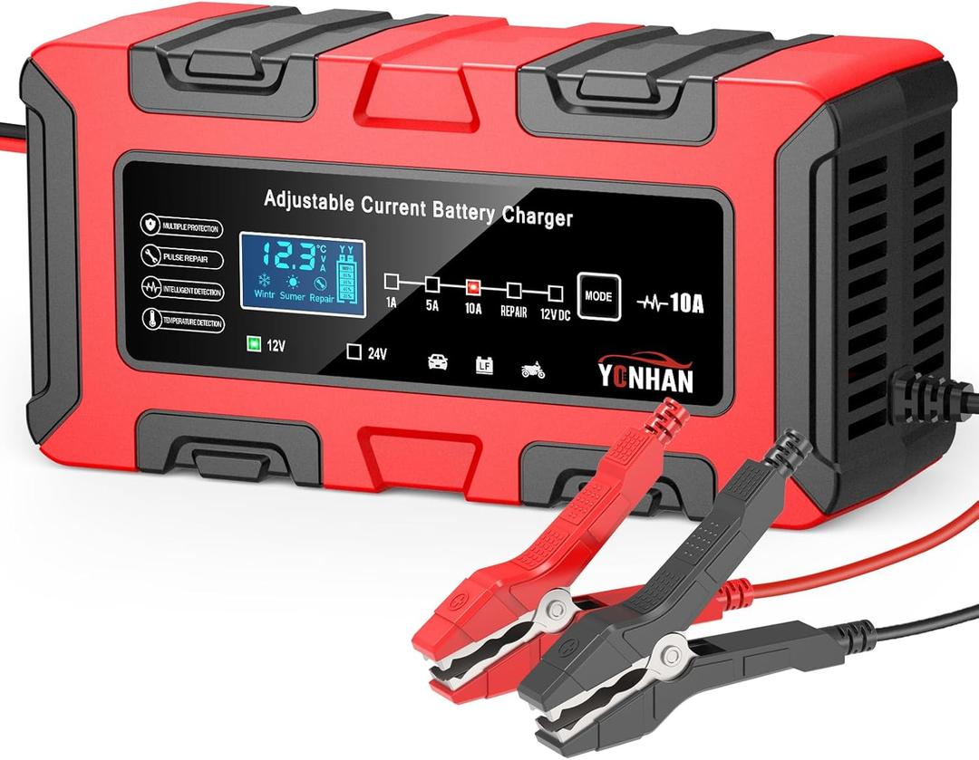 YONHAN Battery Charger 1A/5A/10A 12V/24V Adjustable Current LiFePO4 Car Battery Charger, Battery Maintainer Automatic Trickle Charger, Battery Desulfator w/Temp Compensation