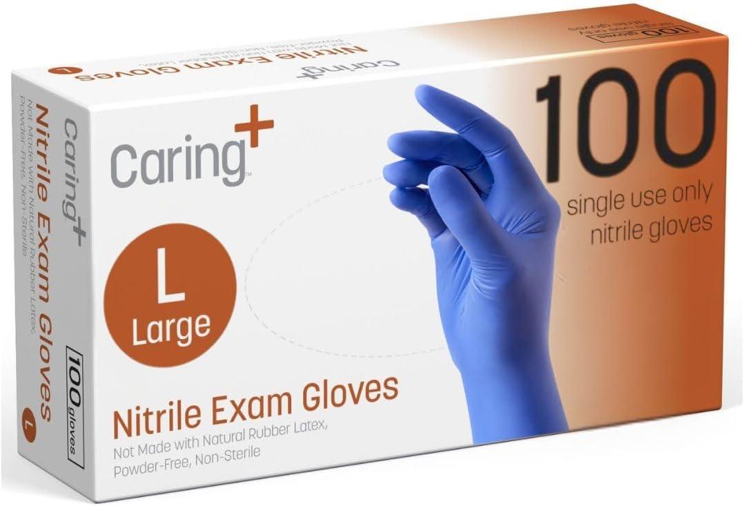 Caring Nitrile Exam Gloves, Blue, Powder-Free, Disposable Gloves for Medical Care, First Aid, Cleaning, Food Prep, Large, Pack of 100