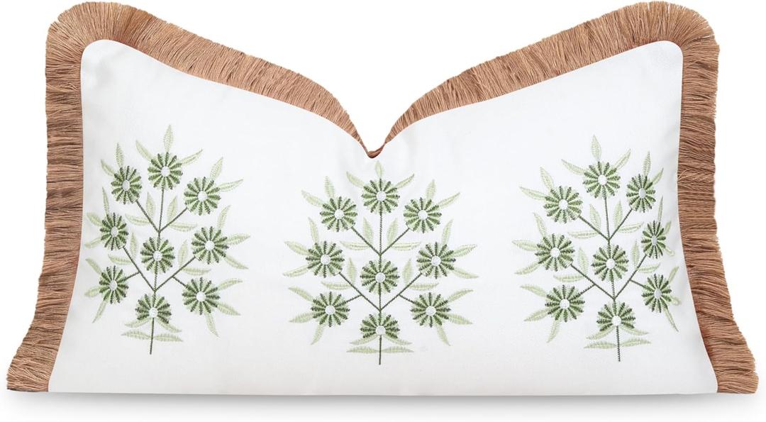 Hofdeco Premium Coastal Patio Indoor Outdoor Lumbar Pillow Cover Only, 12"x20" Water Repellent for Backyard, Couch, Green Embroidered Floral with Fringe