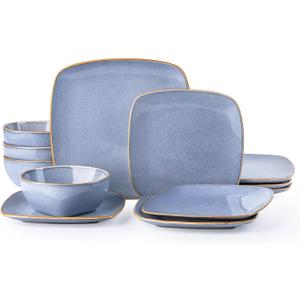 AmorArc Ceramic Dinnerware Sets for 4, 12 Pieces Square Handpainted Plates and Bowls Set, Chip and Scratch Resistant Stoneware Dishes Set, Dishwasher & Microwave Safe, Reactive Blue