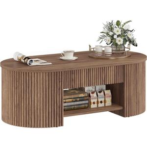 FATORRI Oval Coffee Table with Fluted Wood Panels, Mid-Century Modern Center Table with Storage Drawer and Open Shelf, Walnut Cocktail Table for Living Room, Bedroom, Home Office, 43 Inch