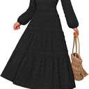 ZESICA Boho Fall Maxi Dresses for Women 2025 Dressy Casual Long Sleeve Swiss Dot Tiered Flowy Swing Wedding Guest Long Dress (Black, M)