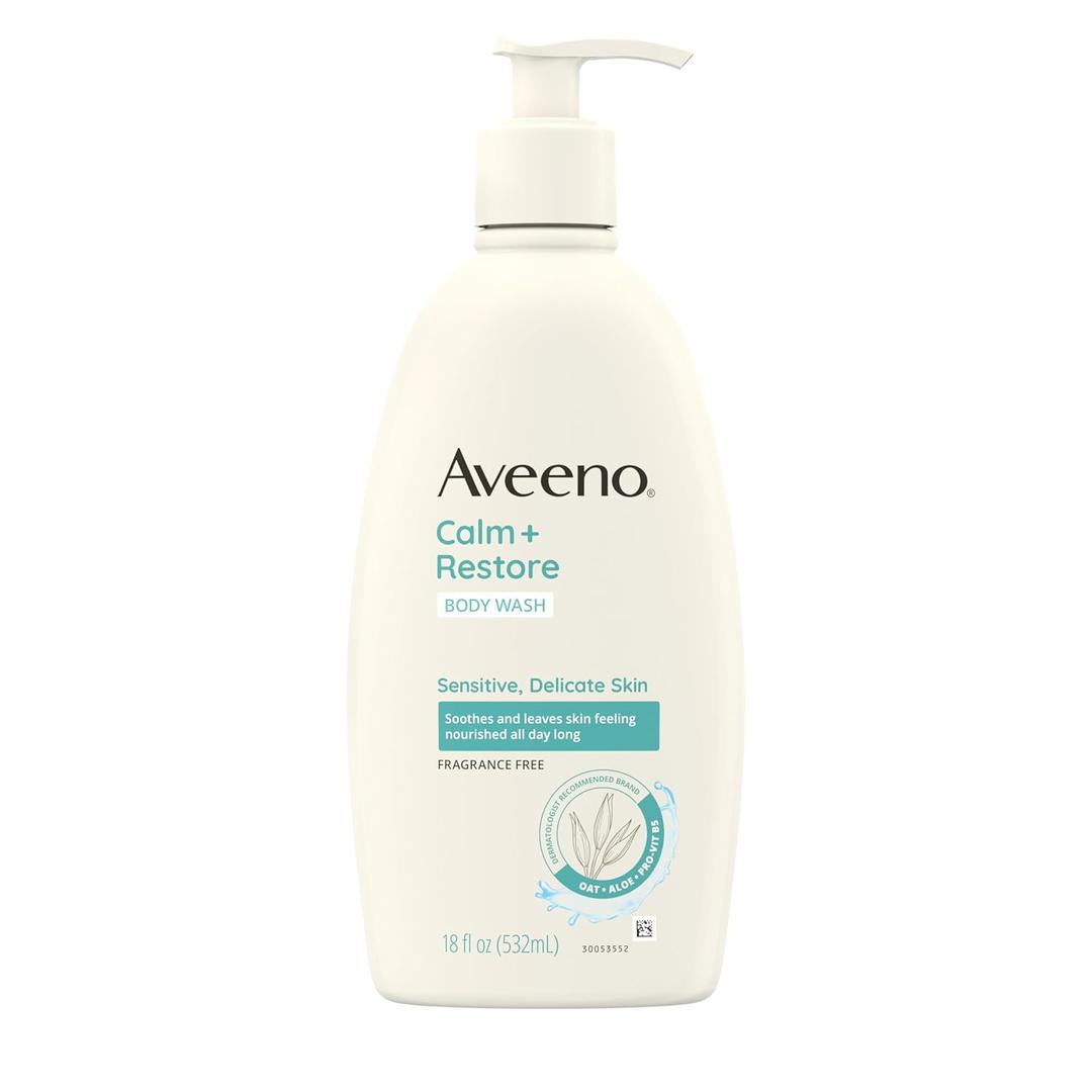 Aveeno Calm + Restore Daily Body Wash for Sensitive, Delicate Skin, Gentle Cleanser with Oat, Aloe & ProVitamin B5 Soothes & Leaves Skin Feeling Nourished, Fragrance Free, 18 fl. oz
