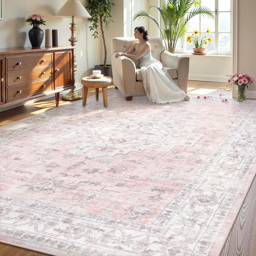LIVEBOX Pink 9x12 Area Rug for Bedroom Girls, Boho Washable Rugs for Living Room Nursery, Non-Slip Indoor Soft Carpet Low-Pile Farmhouse Carpets for Dining Room Kids Playroom, Pink