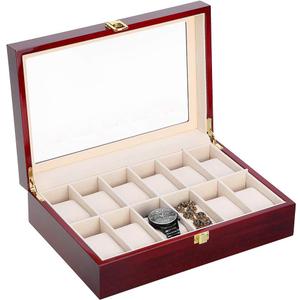 Uten Watch Box, 12 Slot Wooden Watch Case with Removable Watch Pillow, Metal Clasp Watch Display, Watch Box Organizer for men and women. (Cherry Red)