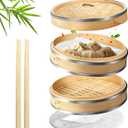 Flexzion Bamboo Steamer Basket Set (10 inch) with Stainless Steel Banding, 50 x Steamer Liners and 2 Pairs of Chopsticks, Steam Baskets for DimSum Dumplings, Rice, Vegetables, Fish and Meat