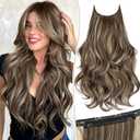 KooKaStyle Invisible Wire Hair Extensions Long Wavy Layered Synthetic with Transparent Headband Adjustable Size 6 Secure Clips Hairpieces for Women (20 Inch, Medium Brown Mix Ash Blonde)