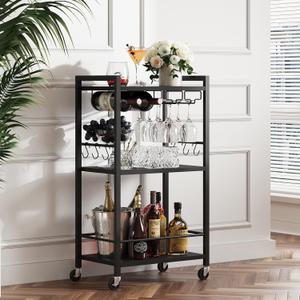TUTOTAK Bar Cart, Home Bar Serving Cart with 3-Tier Shelf, Drink Cart with Wine Rack, Glass Holder, Rolling bar carts for The Home, Living Room, Brown V1BC01BK035 (Black)