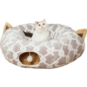 LUCKITTY Large Cat Tunnel Bed Under Christmas Tree with Fluffy Toy Balls, Small Cushion and Flexible Design- 10 inch Diameter, 3 ft Length- Great for Cats, and Small Dogs, Gray Geometric Figure