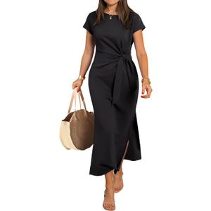 ANRABESS Womens Summer Maxi Dress Casual Crew Neck Tie Waist Split Wrinkle-Free Fit Long Fashion Vacation Dresses 2026 Spring (Black, L)