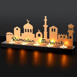 Ramadan Mubarak Decorations Islamic Candle Holder with 5 Tea Candles Eid Mubarak Metal Sign with Wood Base Ramadan Kareem Table Centerpieces Eid Al Fitr Muslim Party Gifts