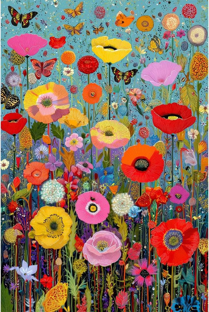 Bgraamiens 1000 Piece Jigsaw Puzzles for Adults  Maximalism Poppies and Butterflies  Bold Floral Arrangement with Vibrant Insects  Challenging Nature-Themed Gift