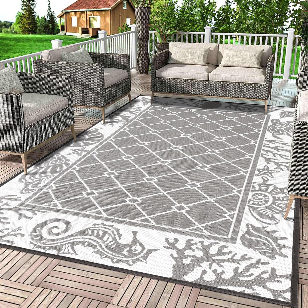 Vaukki Reversible Rugs, Plastic Straw Outdoor Doormat, Fade Resistant Plastic Outdoor Patio Mat, Lightweight Ocean Area Carpet for Patio, RV, Camping, Beach, Deck, Backyard and Picnic (Grey, 5'x8')