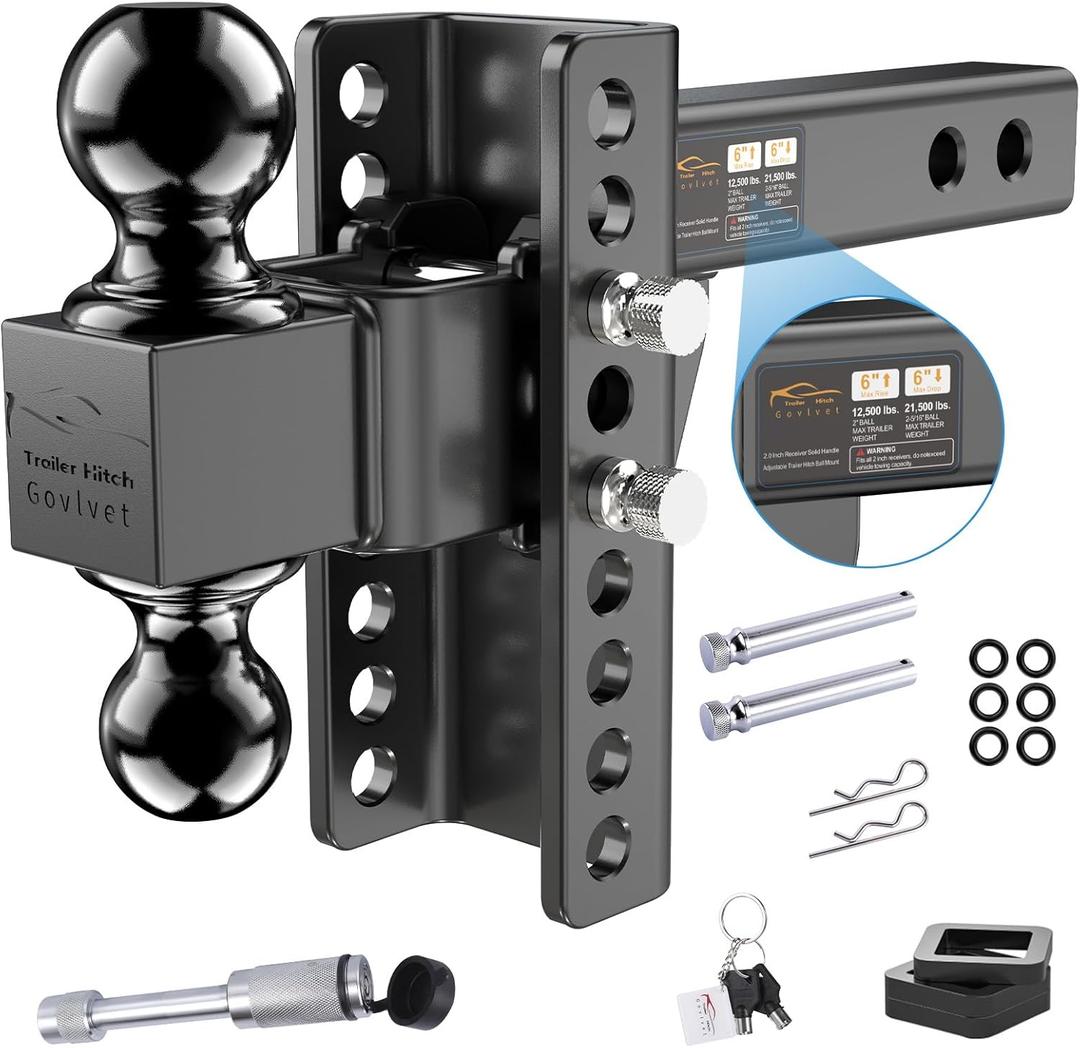 Adjustable Trailer Hitch -Drop Hitch (Fits 2-Inch Receiver) - Heavy Duty Tow Hitch with 6-Inch Drop/Rise, 2" & 2-5/16" Ball Hitches for Truck (21,500 LBS GTW) - w/Anti-Theft Hitch Locking Pins