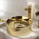 Bathroom Vessel Sink 15 Inch Gold Ceramic Vessel Sink with Waterfall Faucet and Pop-Up Drain Combo,Above Counter Round Bathroom Sink Bowl,Sink for Bathroom