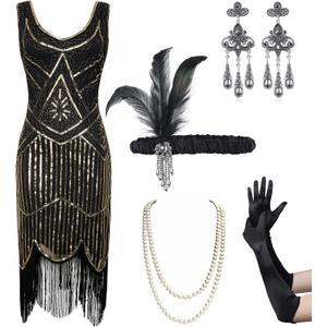 Coucoland Womens 1920s Flapper Sequin Beads Dress with Roaring 20s Gatsby Accessories Set for Party (XX-Large, Black & Gold)