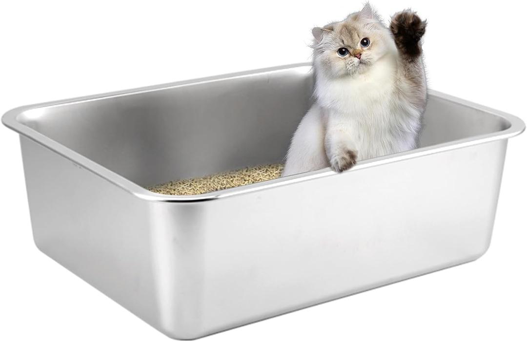 Cat Litter Box Stainless Steel Large Metal High Sided Rustproof Easy to Clean Stainless Steel Litter Box for Cats Rabbits (19.5" L x 13.6 W x 5.9" H)
