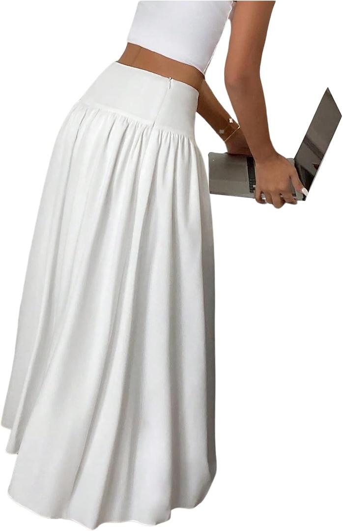 GORGLITTER Women's Boho Flowy Maxi Long Skirt Summer Beach Cruise Vacation Trendy High Waist Flared A Line Skirts 2026, Large, White