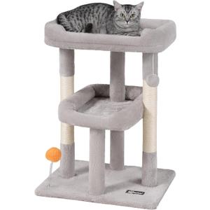 FourFurPets Small Cat Tree, Multi-Level Cat Tree for Indoor Cats, Cat Tower with Scratching Post, Cat Condo for Kittens,Toy Balls, 2 Soft Platform, Light Gray