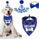 ADOGGYGO Dog Birthday Party Supplies, Multi Size Offered, Blue Birthday Boy Dog Bandana, Pet Party Hat with Numbers Bow for Small Puppies (Large
