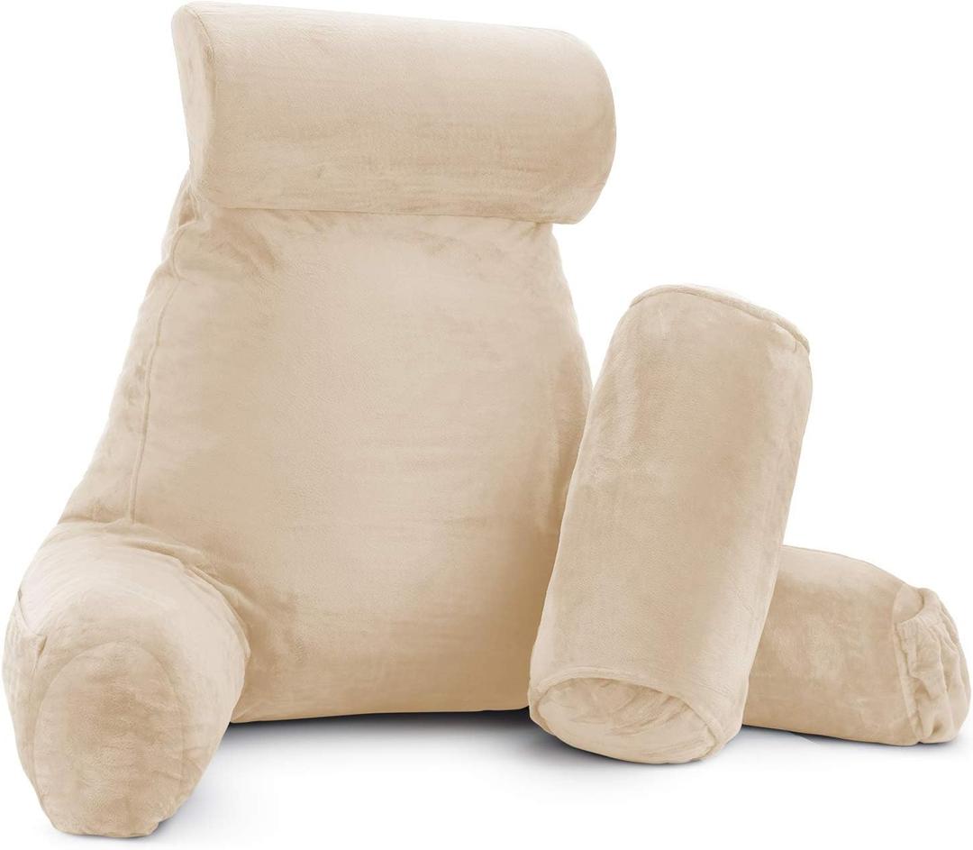Clara Clark Bed Rest Reading Pillow with Arms and Pockets Detachable Neck Roll & Lumbar Support for Kids Teens & Adults-Premium Shredded Memory Foam, Large Roll, Cream (VC-CC-redingplw-lnr-CRM)