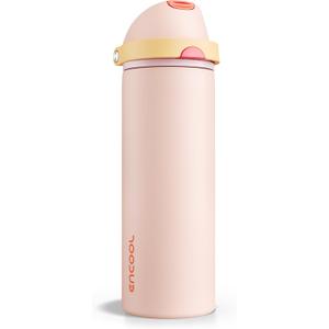 Insulated Water Bottle with Straw - Encool Stainless Steel Water Bottle with Push Button Lid, Leak-Proof & BPA-Free, Keeps Cold for 24 Hours for Sports, Travel, Gym (24 oz, Pink Daisy-Red)