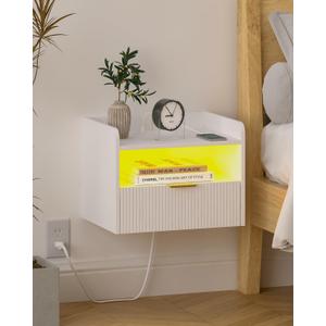White Floating Nightstand with Charging Station and LED Lights (White)