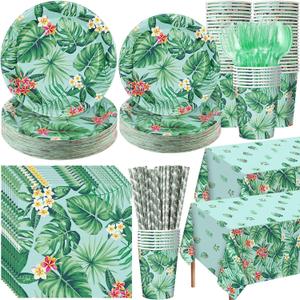 LemonRoad 452 Pcs Hawaiian Luau Party Decoration for 50, Tropical Hawaiian Paper Plates Napkins Cups Tablecloth Cutlery Straws Aloha Palm Leaf Flower Tableware for Summer Beach Birthday Party Supply