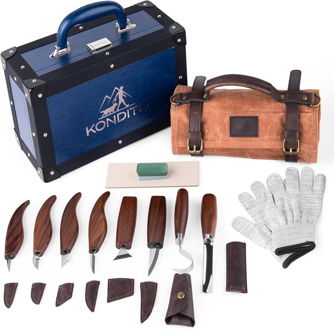 KONDITO Complete Wood Carving Kit  Premium Carving Knives Set with 7Cr17 Steel Blades, Safety Gloves, Honing Strop, Roll Bag & Gift Storage Case  Woodworking Tool Set for Adults & Beginners