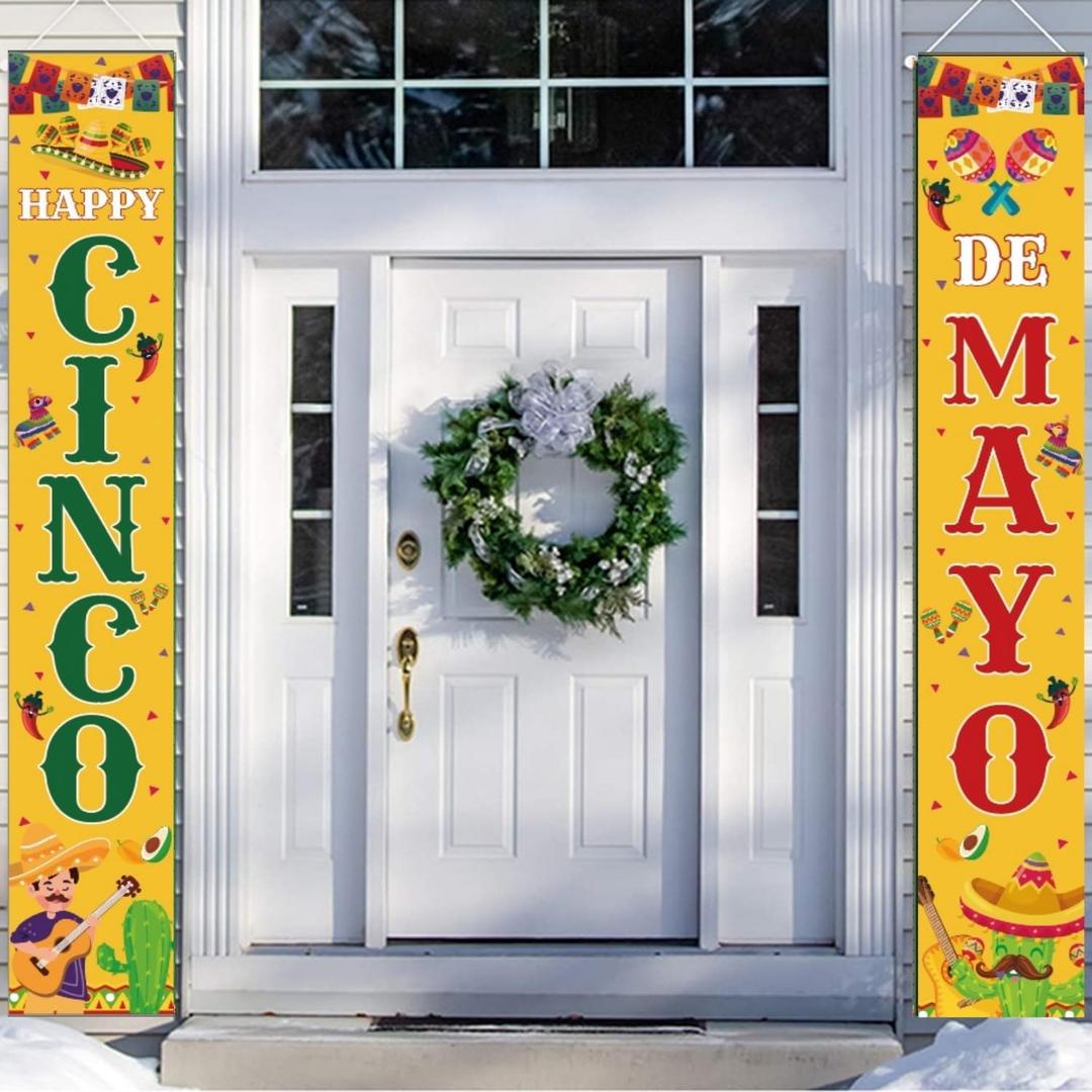 Happy Cinco De Mayo Porch Banners, Mexican Fiesta Front Door Hanging Decorations 70.9x11.8 Inch, Let's Fiesta Polyester Porch Signs for Indoor Outdoor Party, Entryway Carnival Decor