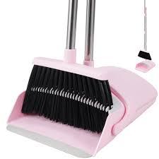 BSKLIN Broom and Dustpan Set House Brooms for Sweeping Indoor Collapsible Broom and Dust Pan Combo for Home Office Kitchen Lobby Floor Pet Hair (Pink)