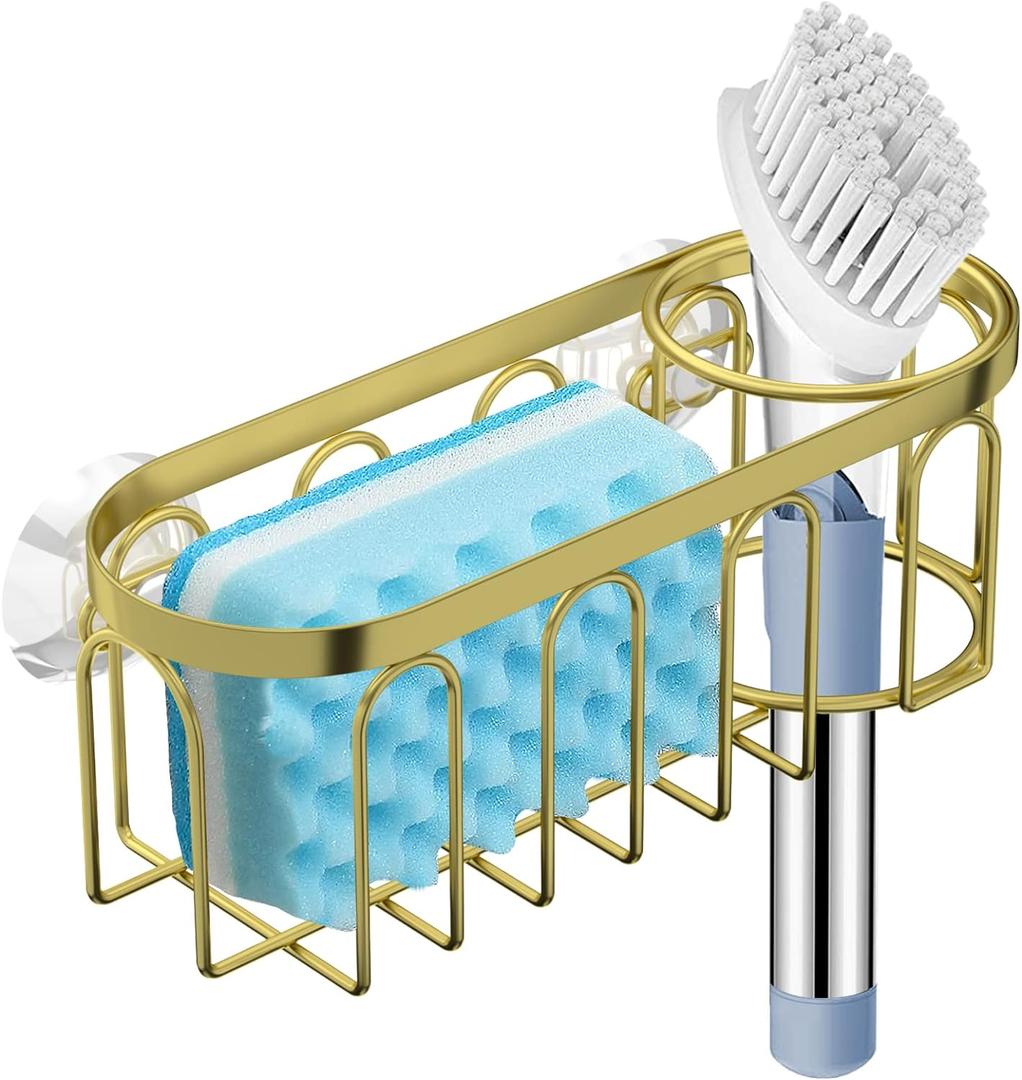 2-in-1 Sponge Holder for Kitchen Sink, Suction Cup Sponge Rack Kitchen Sink Caddy, No Drill Rustproof Sink Organizer for Place Dishwashing Brush Soap and Sponge (Gold)