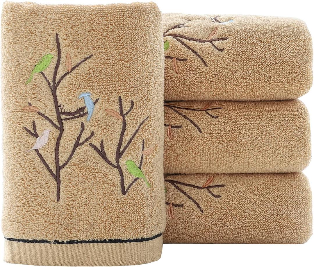 Pidada Hand Towels Set of 4 Embroidered Bird Tree Pattern 100% Cotton Absorbent Soft Decorative Towel for Bathroom (Brown) (13.8 x 29.5)