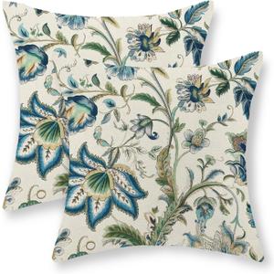 Blue Green Pillow Covers 18x18 Set of 2 Sage Green Chinoiserie Floral Throw Pillows Boho Vintage Flowers Decorative Pillowcase Outdoor Chinoiserie Decor Farmhouse Cushion Case for Couch Sofa