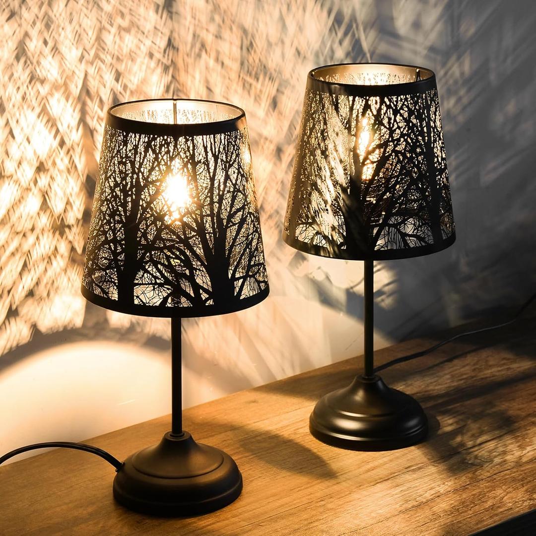 3 Level Dimmable Touch Table Lamps Set of 2, Black Metal Tree Pattern Shadow Lamp, Small Bedside Night Light for Kids, Vintage Accent Decor Lamp Halloween Indoor Mood Lighting Bedroom Living Room