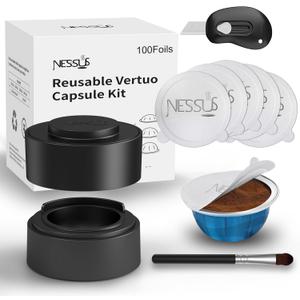 Nessus Reusable Pod Kit for Nespresso Pods Vertuo, Reuse Old Coffee Pods for Nespresso Vertuo: 100 Pcs Aluminum Foil Seal Lid, Holder, Brush, Refillable Vertuo Plus Next Capsule Machine(No Pods Come)